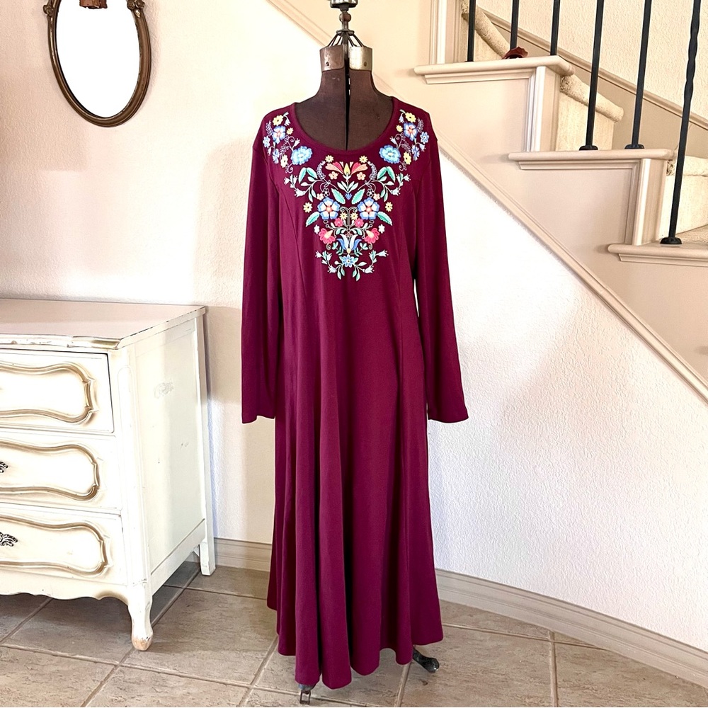 BLAIR Vintage Maroon Red Embroidered Maxi Dress Womens Size XL Long Sleeve Fall